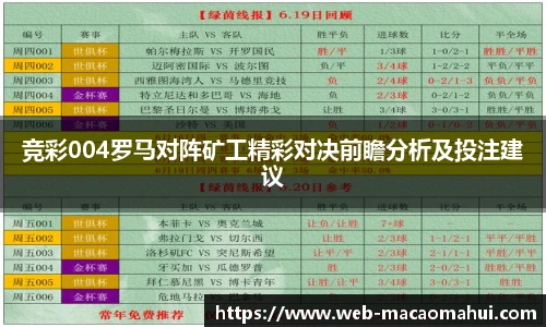 竞彩004罗马对阵矿工精彩对决前瞻分析及投注建议
